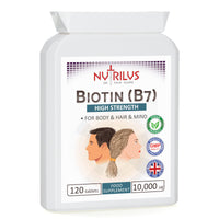 Nutrilus Biotin 120 Tablets 10,000µg - High Dose - Active D-Biotin - One-a-Day - Hair, Skin - Metabolism - Energy