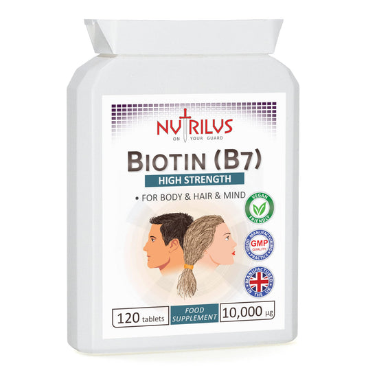 Nutrilus Biotin 120 Tablets 10,000µg - High Dose - Active D-Biotin - One-a-Day - Hair, Skin - Metabolism - Energy