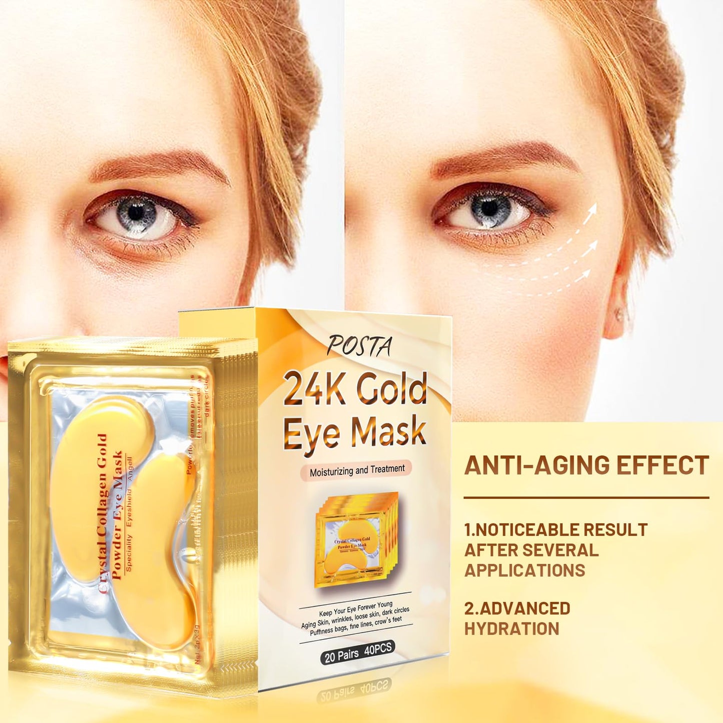 POSTA 24K Gold Eye Mask, 20 Pairs 40PCS Eye Treatment Mask With Collagen, Under Eye Mask Treatment for Puffy Eyes, Dark Circles Corrector, Used for Eye Bags, Anti Aging Patches for Women and Men