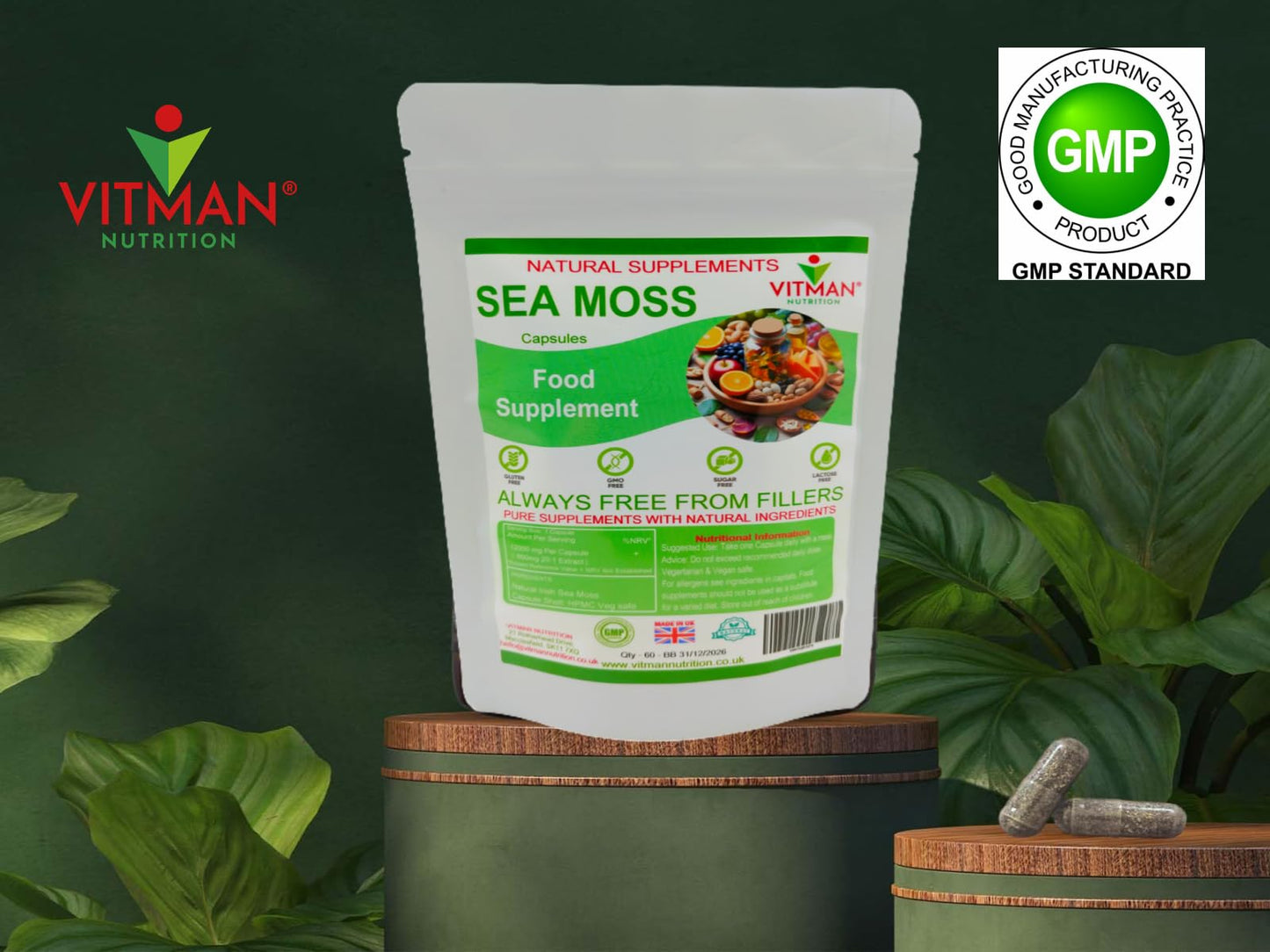 VitMan Nutrition Sea Moss Capsules, 60x Natural Irish Sea Moss Food Supplement, Gluten Free, Sugar Free, GMO Free, Vegan