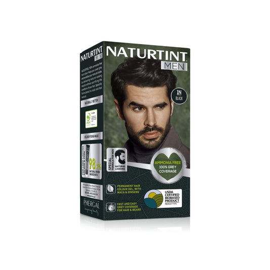 Naturtint Mens Permanent Hair Colour Gel 1N Black for Hair Beard and Moustache. Ammonia Free, up to 100% Grey Coverage, Natural Looking Long Lasting Results