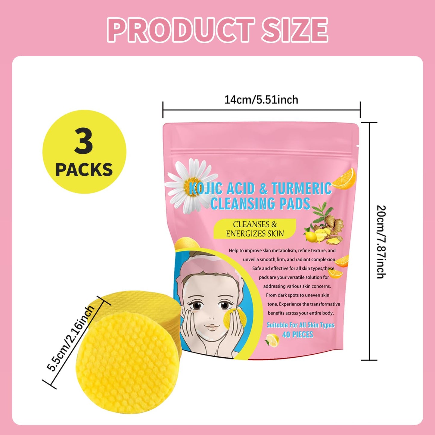 Benaewa 120Pcs Kojic Acid and Turmeric Pads for Women, Turmeric Cleansing Pads for Dark Spots
