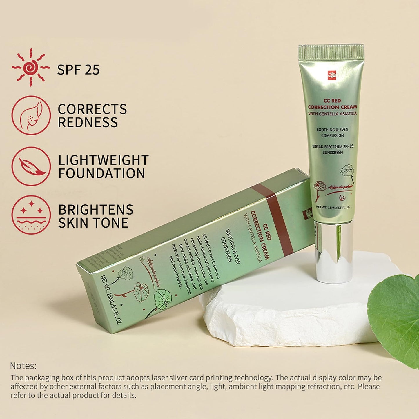 NLFOX CC Red Correct with Centella Asiatica - Colour Correcting Foundation with Spf 25 - Anti-Redness Face,Lightweight CC Cream Tinted Moisturiser - Refine Skin Texture,Softer&Hydrated Skin Green Concealer