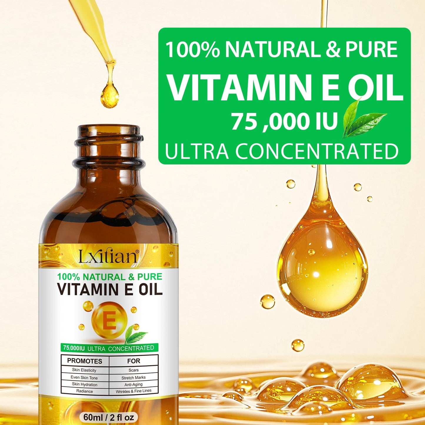 herlosfeel Pure Vitamin E Oil for Skin, 100% Natural Organic Vitamin E Oil for Face & Hair, Hair Skin and Nails Vitamins for Wrinkles, Dryness,Scars & Stretch Marks, Anti-Aging, Improve Elasticity & Even Tone