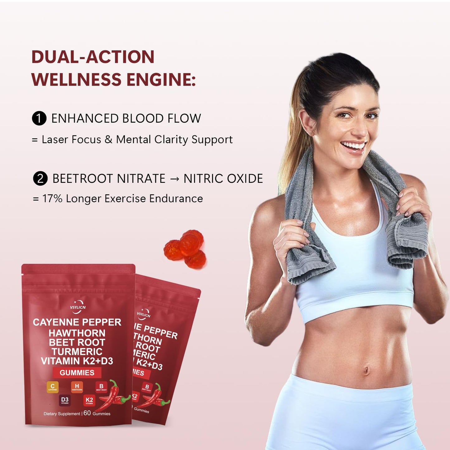 Cayenne Pepper & Beetroot Gummies – Enhanced with Vitamin K2+D3 – Supports Blood Pressure, Vegan, Nitric Oxide Supplement – 60 Gummies – 30 Days Supply