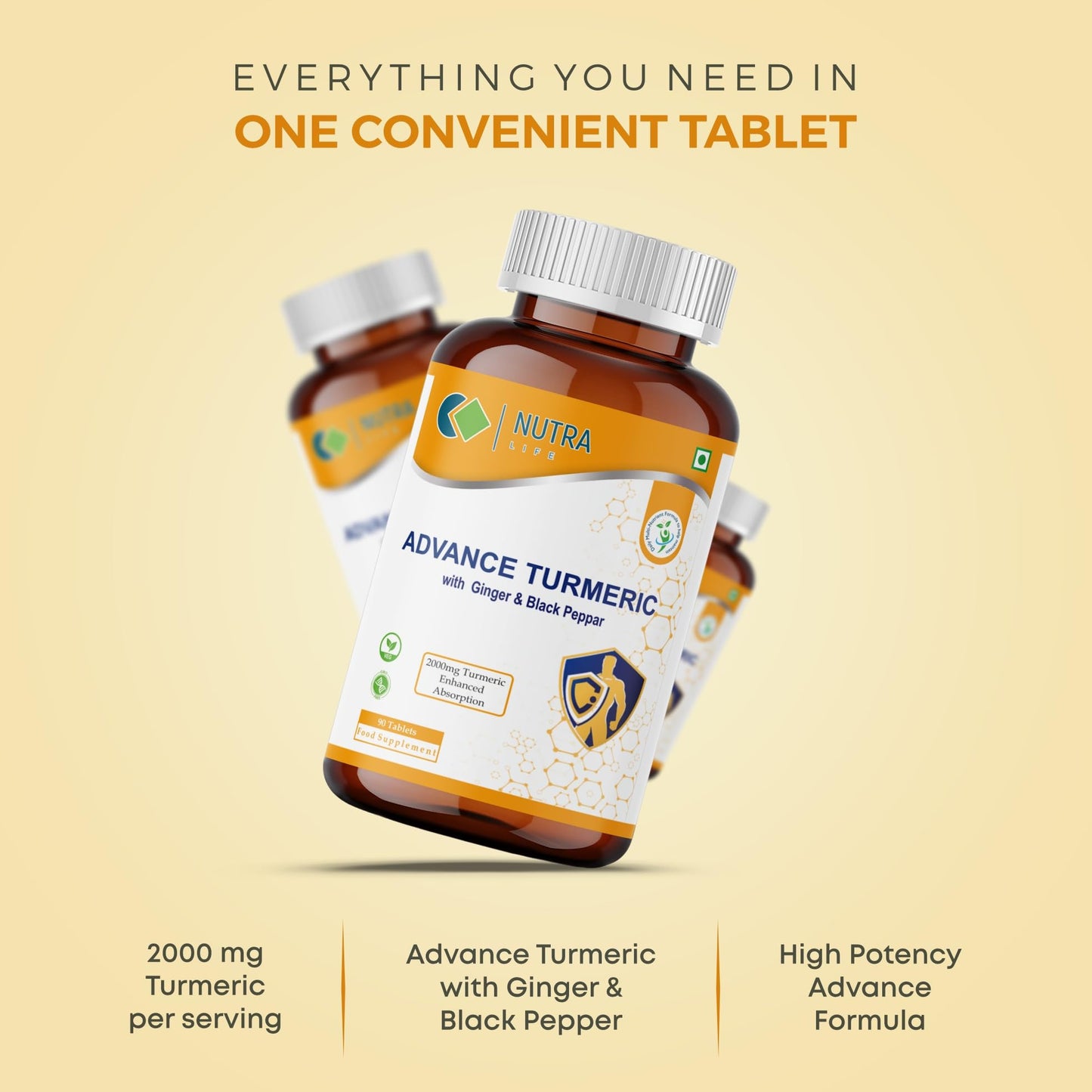 NUTRA LIFE Nutra Life Advanced Turmeric with Black Pepper & Ginger Tablets High Strength Supplement 90 Tablets with 2000mg Curcumin for Women & Men 3 Month Supply Vegan Friendly Gluten-Free