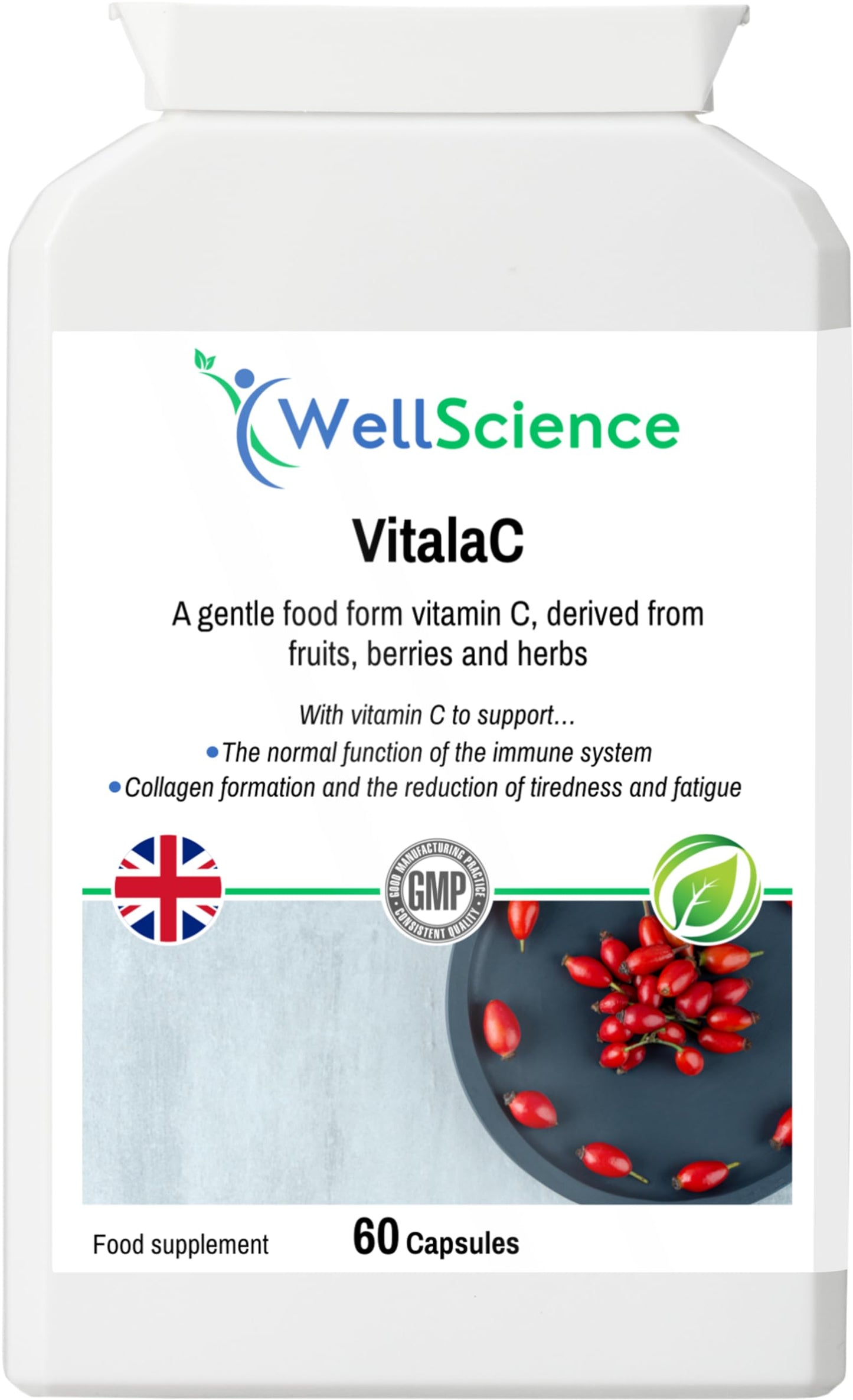 Wellscience WellScience VitalaC - Natural Vitamin C Supplement for Immune Support, Collagen Formation, and Antioxidant Protection - Acerola Cherry, Parsley, Blackcurrant, Rosehip, and Elderberry Extracts