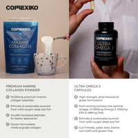 CORREXIKO Marine Collagen Powder & Ultra Omega 3 Supplement Bundle - 10,000mg Double Hydrolysed Collagen Peptides Per Serving & High Strength Omega 3 Capsules - for Hair, Skin & Nails - 30 Day Supply
