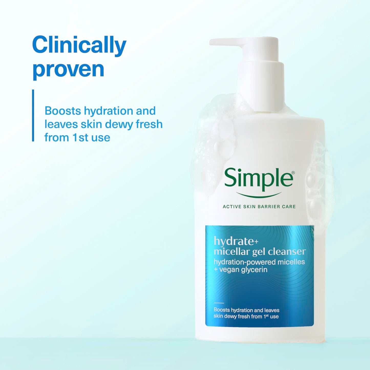 Simple Hydrate+ Micellar Facial Cleanser with hydation-powered micelles + vegan glycerin boosts hydration and leaves skin dewy-fresh from the first use 240 ml