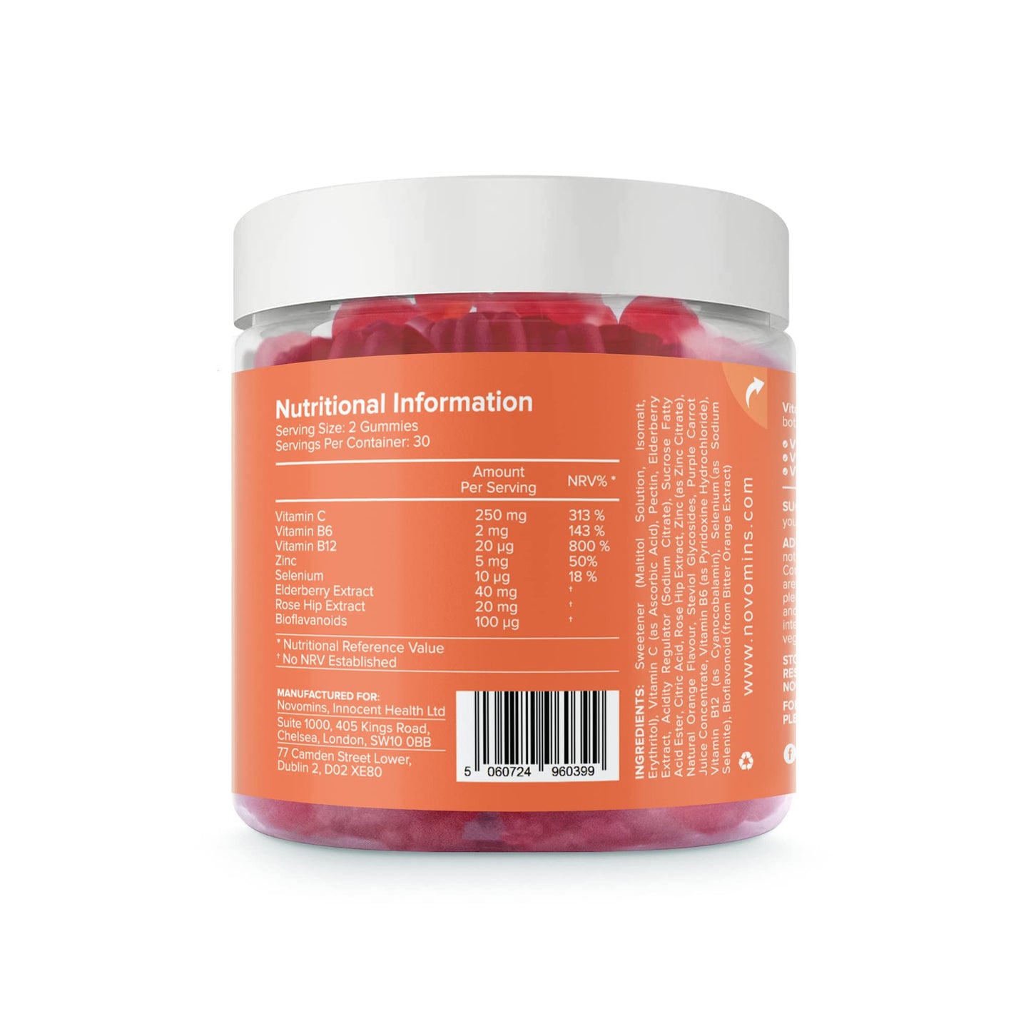 novomins Vitamin C Gummies Sugar Free – 250 mg High Strength Vitamin C for Adults – with Added Bioflavonoids, Rose Hip, Elderberry & Zinc - Immune System Support - Vegan- Gluten Free - by Novomins