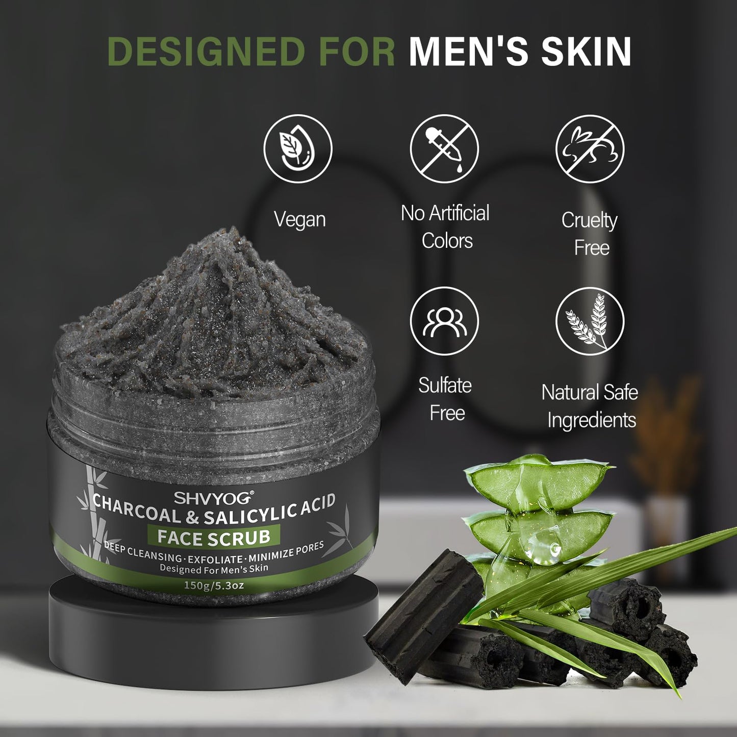 SHVYOG Men's Face Scrub, Bamboo Charcoal Salicylic Acid Face Exfoliant, Facial Peeling Improves Blackheads, Acne, Clogged Pores, Cleansing Oil Control, Pre-shave Care for Men, with Facial Cleansing Brush