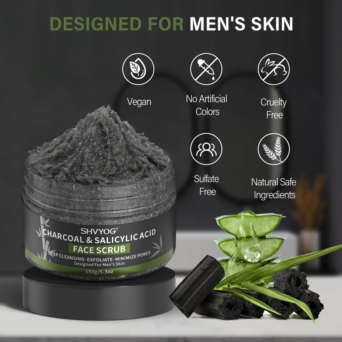 SHVYOG Men's Face Scrub, Bamboo Charcoal Salicylic Acid Face Exfoliant, Facial Peeling Improves Blackheads, Acne, Clogged Pores, Cleansing Oil Control, Pre-shave Care for Men, with Facial Cleansing Brush