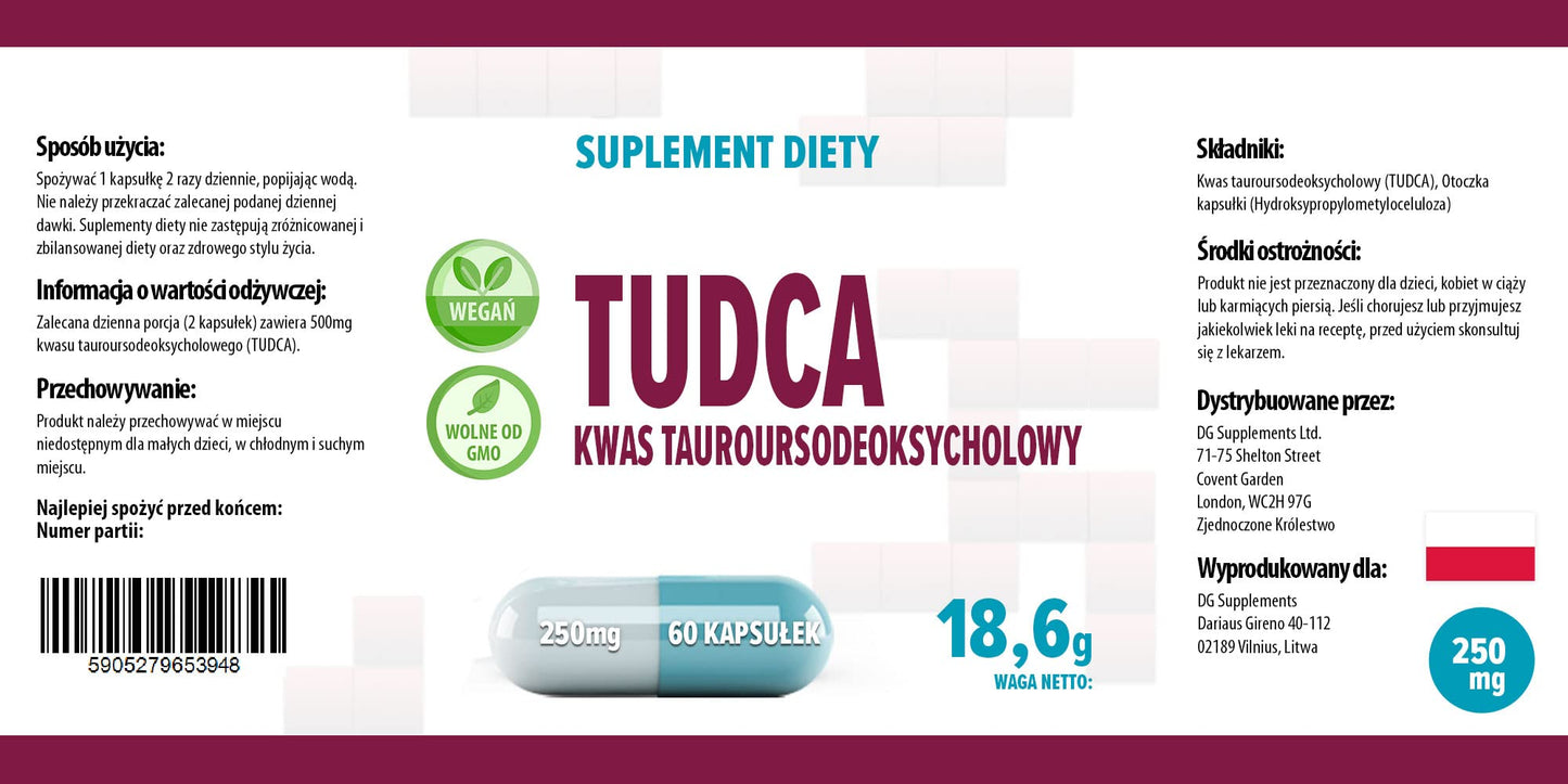 Hepatica TUDCA 250mg | Tauroursodeoxycholic Acid | 500mg Daily Serving | 60 Vegan Capsules | 1-Month Supply | 3rd Party Lab Tested