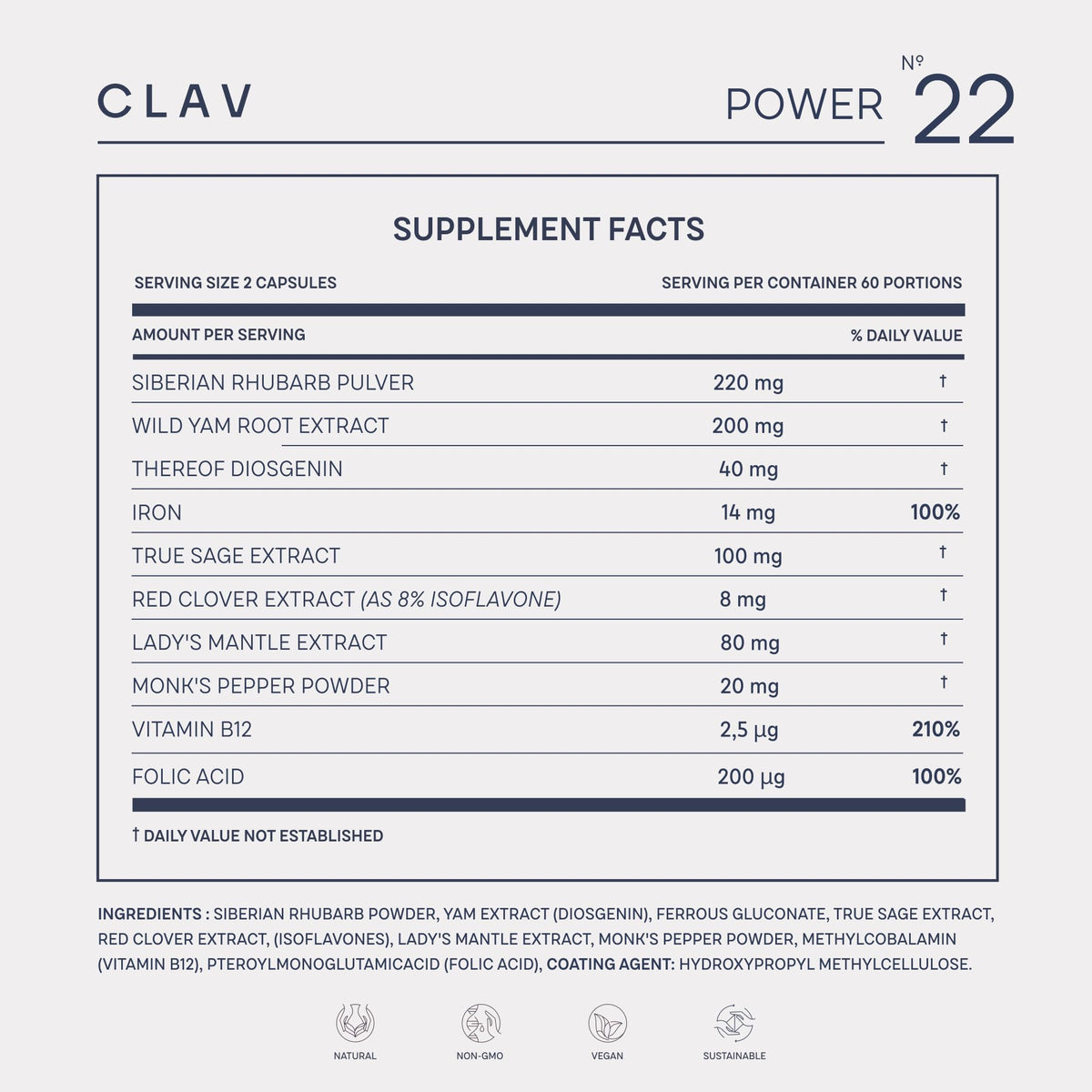 CLAV N°22 Power for Women with Wild Yam + Ladys Mantle + Vitex Agnus + Siberian Rhubarb + Iron + Folic Acid + B12-120 Capsules = 60 Days Supply - Vegan