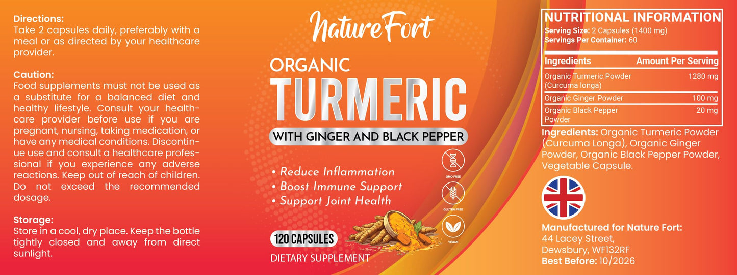 Nature Fort Organic Turmeric Capsules High Strength 1400mg with Black Pepper and Ginger – Active Curcumin Formula – 120 Veg Capsules – Organic, Vegan, and Non-GMO – Enhanced Absorption