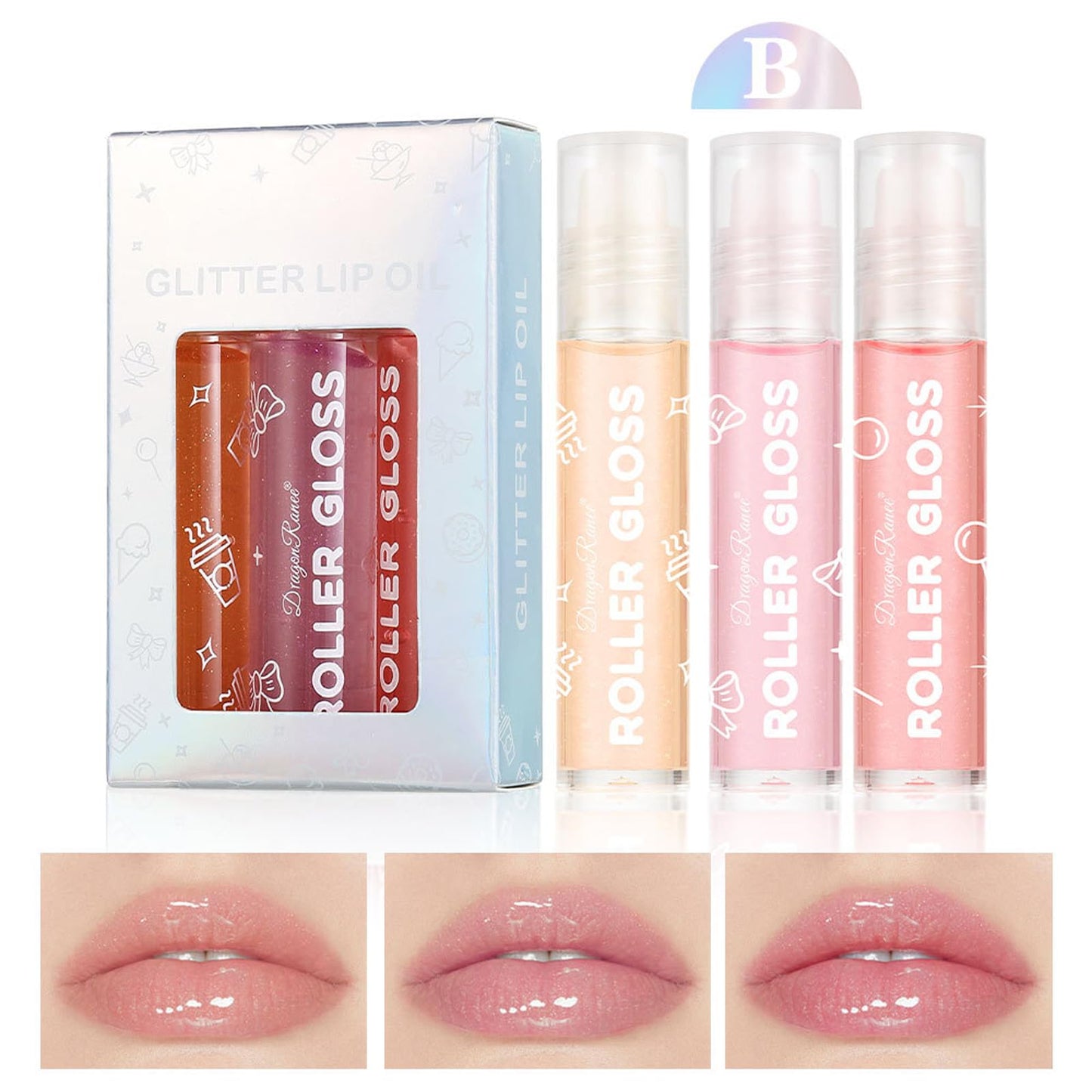 GEEWHILE Lip Gloss 3 Pcs Hydrating Lip Oil Set, Moisturizing Roll-On Lip Gloss Set Plumping Lip Oil Liquid Lipstick, No-Sticky Long Lasting Lip Glow Balm Lip Care for Dry and Chapped Lips