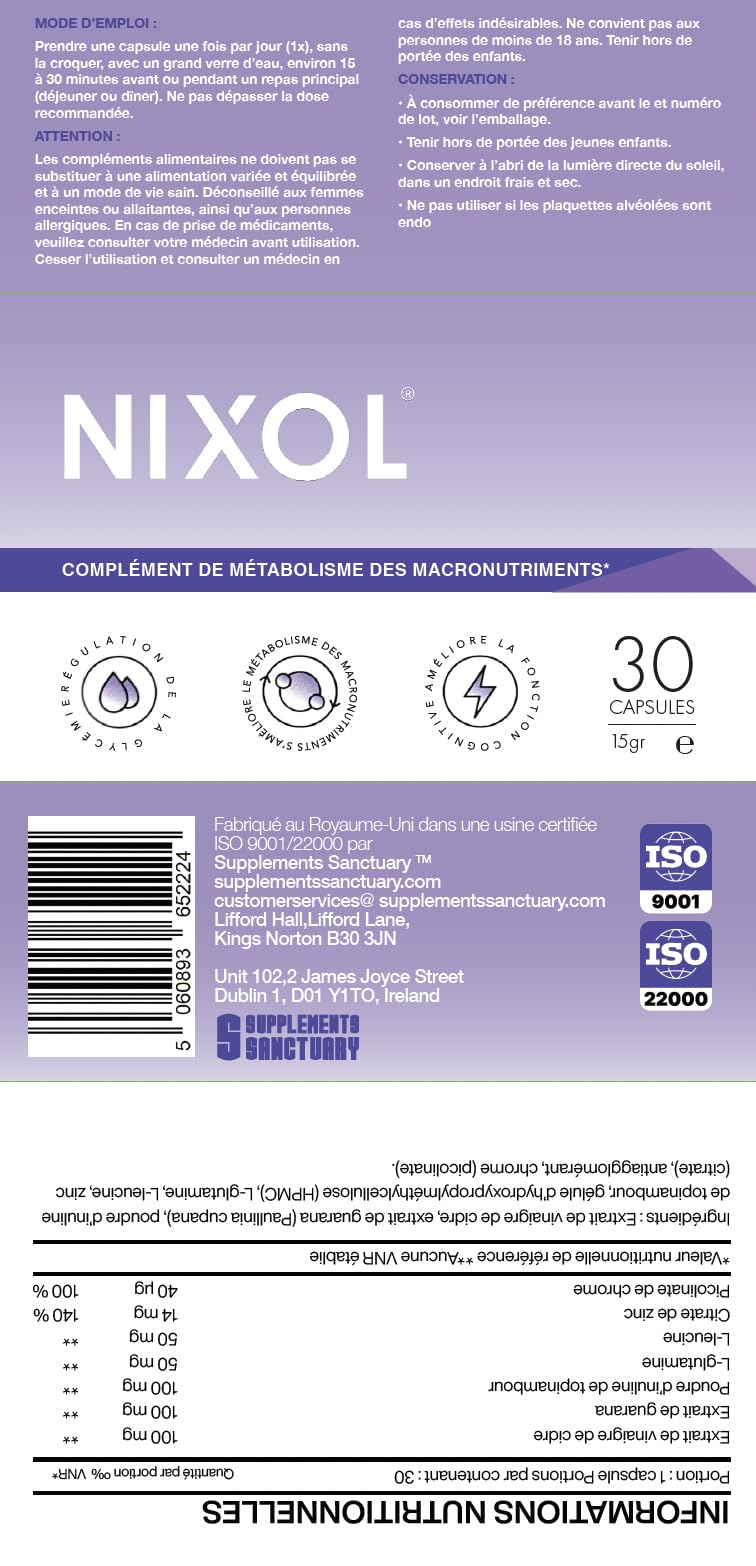 Supplements Sanctuary Nixol Macronutrient Metabolism Supplement | with Chromium, Guarana, ACV, L-Glutamine, 30 Capsules