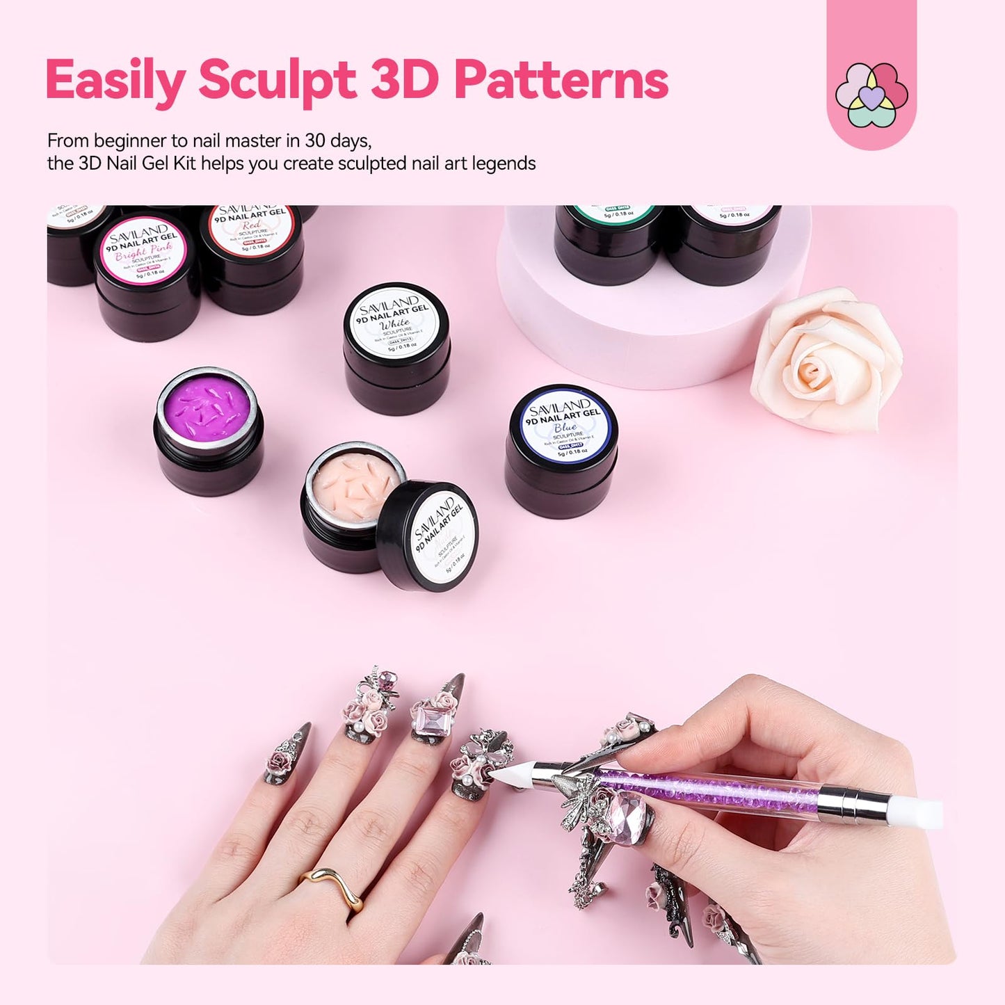 Saviland SAVILAND SSPro X 3D Nail Gel Kit 12 Colors: Easily Sculpt 3D Patterns Sculpting Gel for Nail Art Long Lasting 3D Gel with Sculpture Pen High Pigmentation for 3D Nail Art 3 Dimensional Nails Challenge