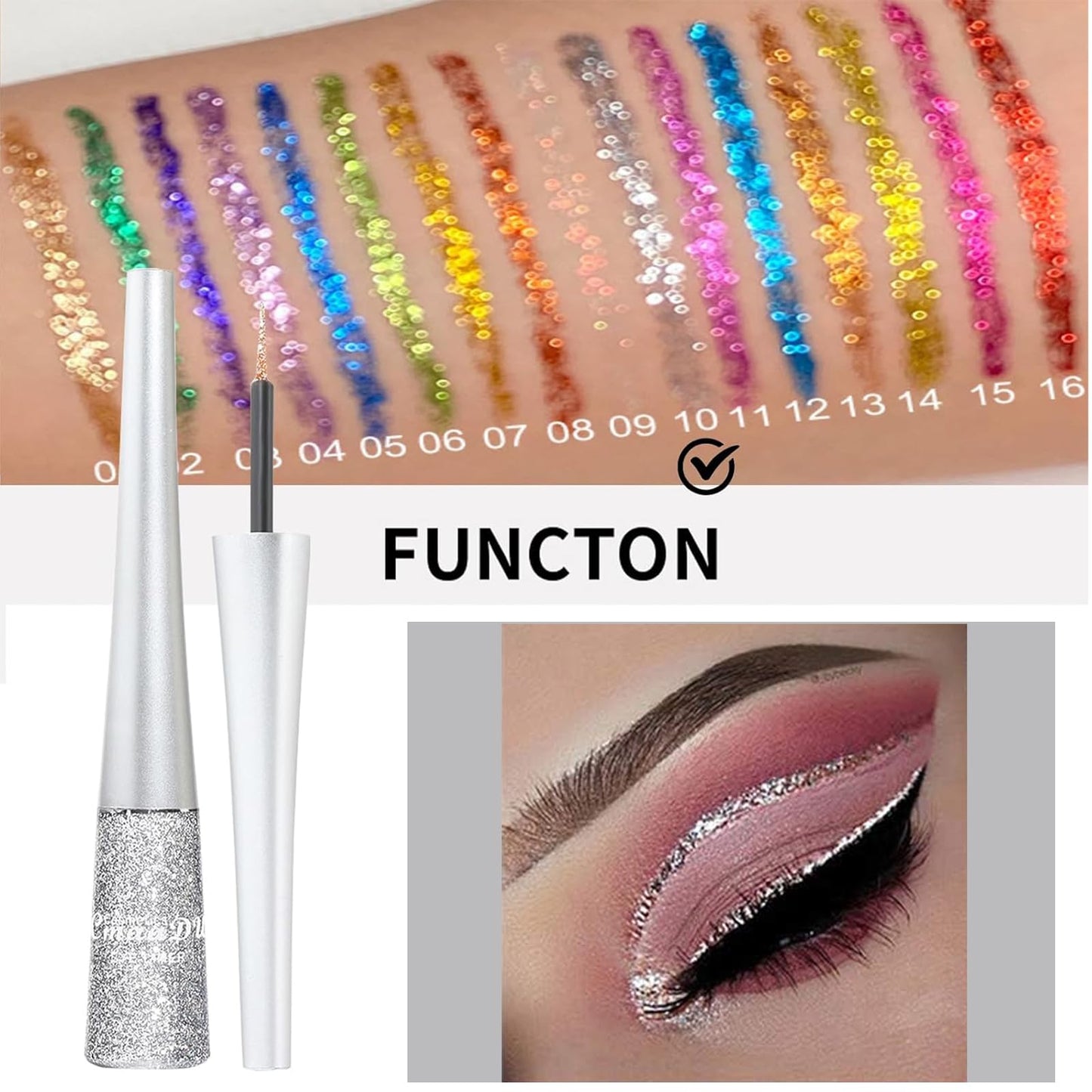 QUIWEN Glitter Eyeliner, Glitter Eye Silver, Liquid Glitter Eyeshadow, Waterproof Sparkle Long-Lasting Smudge-proof Liquid Eye Liners, Quick Dry Shimmer White Silver Beauty Makeup For Women (Silver)