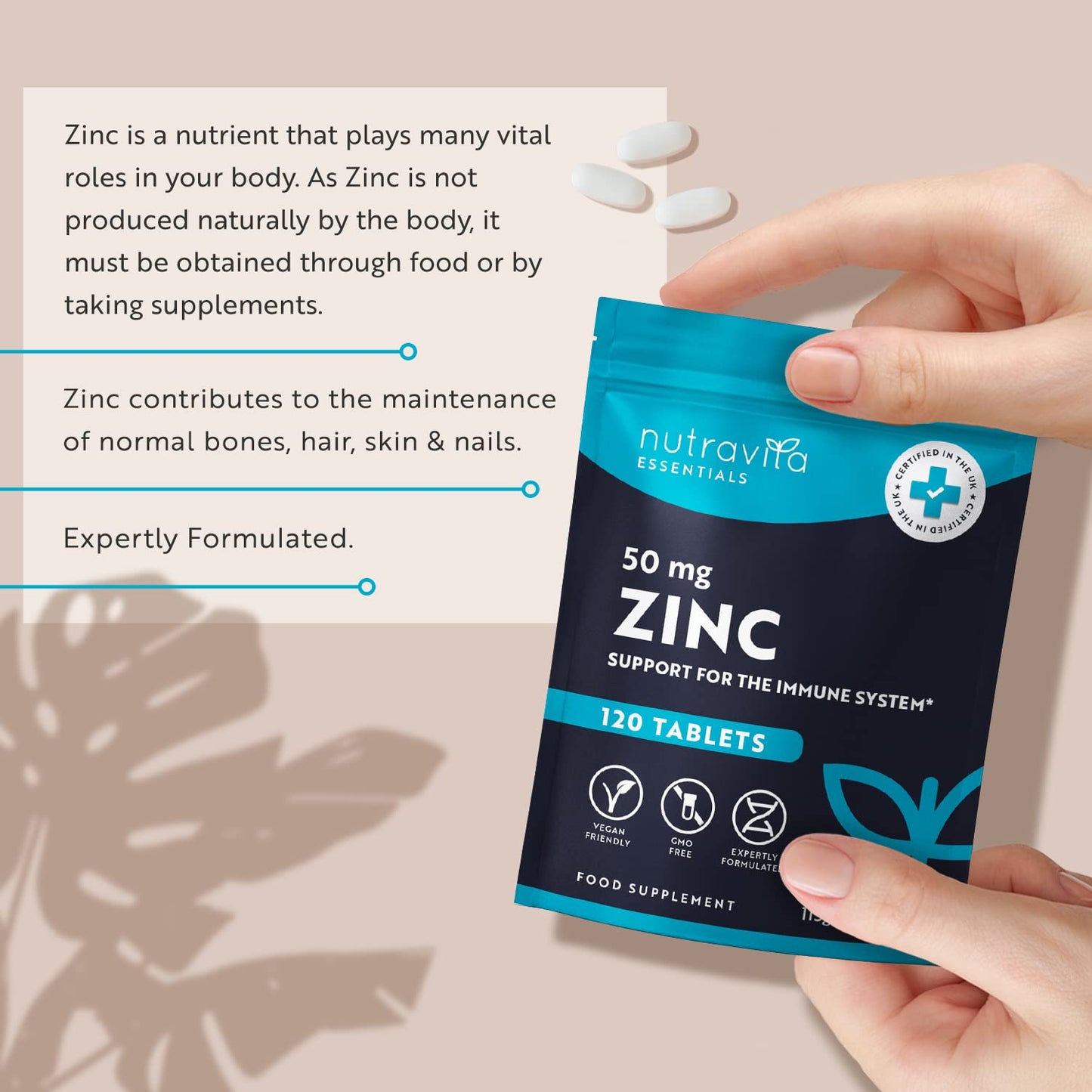 Zinc Tablets 50mg – 120 High Strength Vegan Tablets (4 Months Supply) – Highly Absorbable Zinc Supplements for Maintenance of Normal Immune System, Bones, Hair, Skin & Nails – Made in UK by Nutravita