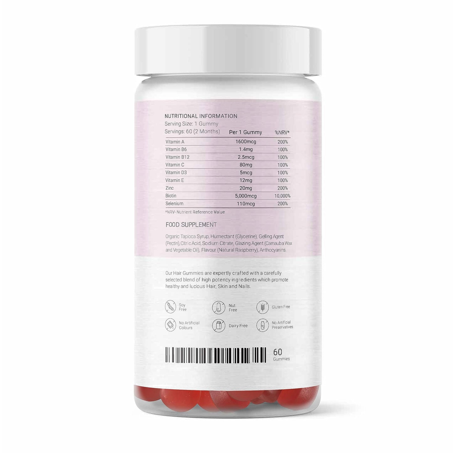 27 Elements Hair Gummies - Sugar Free | 2 Months Supply - 60 Vegan Gummies | High Strength | Vitamin A, B6, B12, C, D3, E + Selenium, Biotin, Zinc for Hair Skin and Nails | Lab Tested | Natural Raspberry Flavour