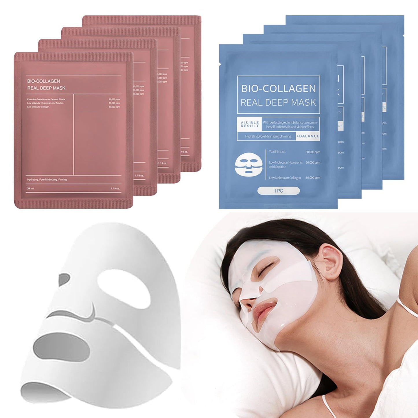 RuverLand Bio Collagen Face Mask 8 PCS, Collagen Real Deep Overnight Masks, Deep Hydration, Reduce Wrinkles, Elasticity Improvement, Night Treatment for Youthful Skin