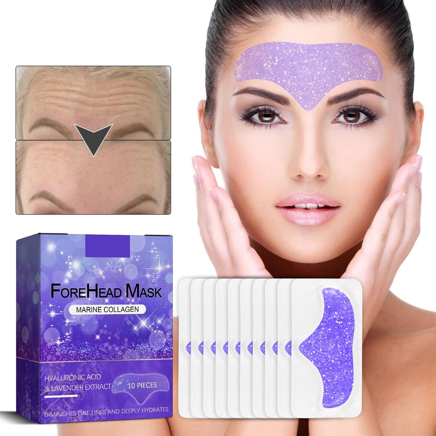 Aicocodida Forehead Wrinkle Patches 10pcs, Lavender Anti-Wrinkle Patches Smooth Fine Lines and Wrinkles with Collagen, Hyaluronic Acid, Pearl Extract(Lavender)