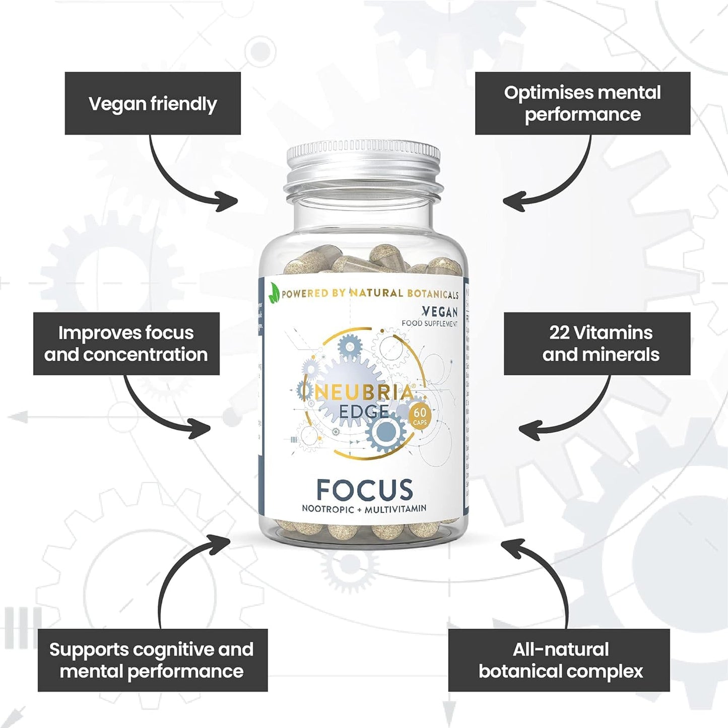 NEUBRIA Edge Focus Formula Nootropic supplements and Multivitamin, Memory Booster helps to Improve Concentration and Focus with 22 Essential Vitamins and Minerals - 60 Capsules - by Neubria