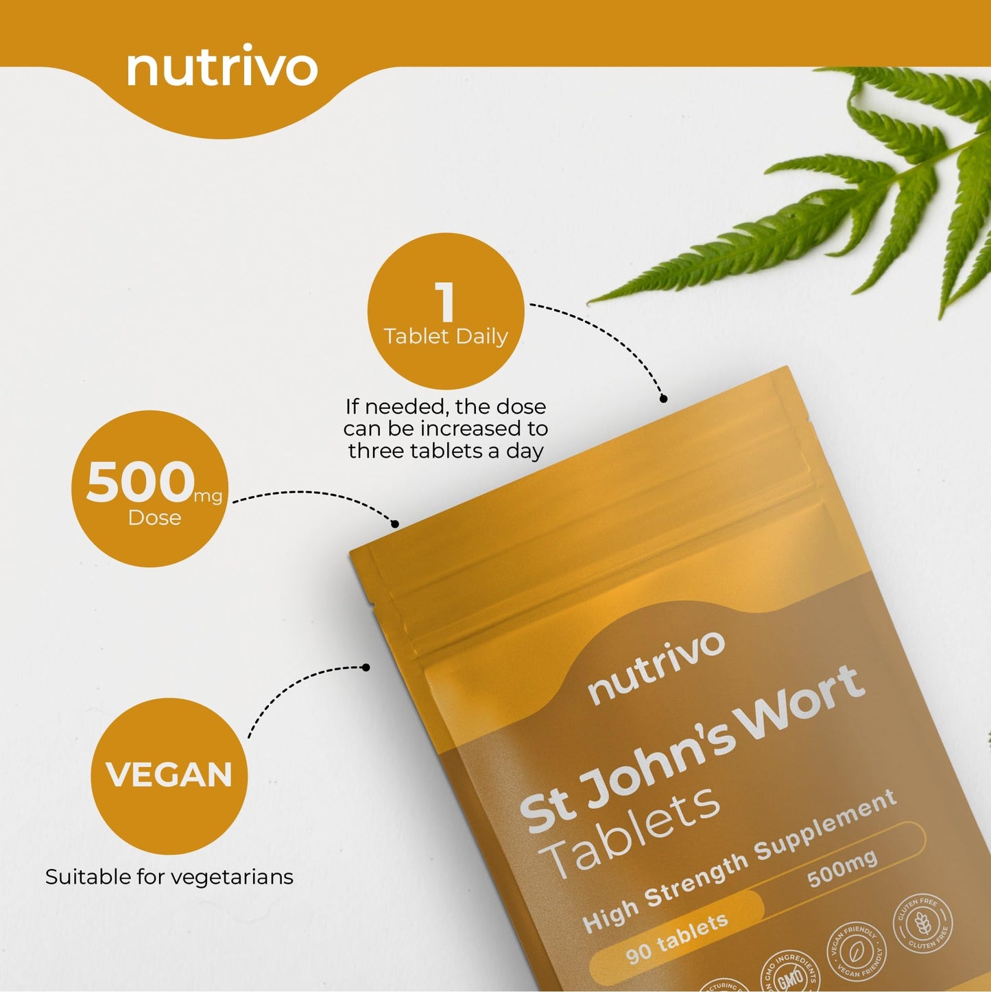 Nutrivo St Johns Wort 500mg - 90 Tablets | 3 Month's Supply | Vegan | UK Made