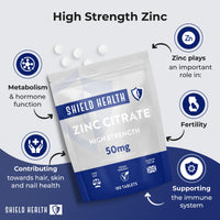 Shield Health Zinc 50mg High Strength - 180 Zinc Tablets (6 Month Supply) High Strength Zinc Supplements Contributes Towards Immune Function and Maintenance of Healthy Bones, Vision, Hair, Nails and Skin UK Made