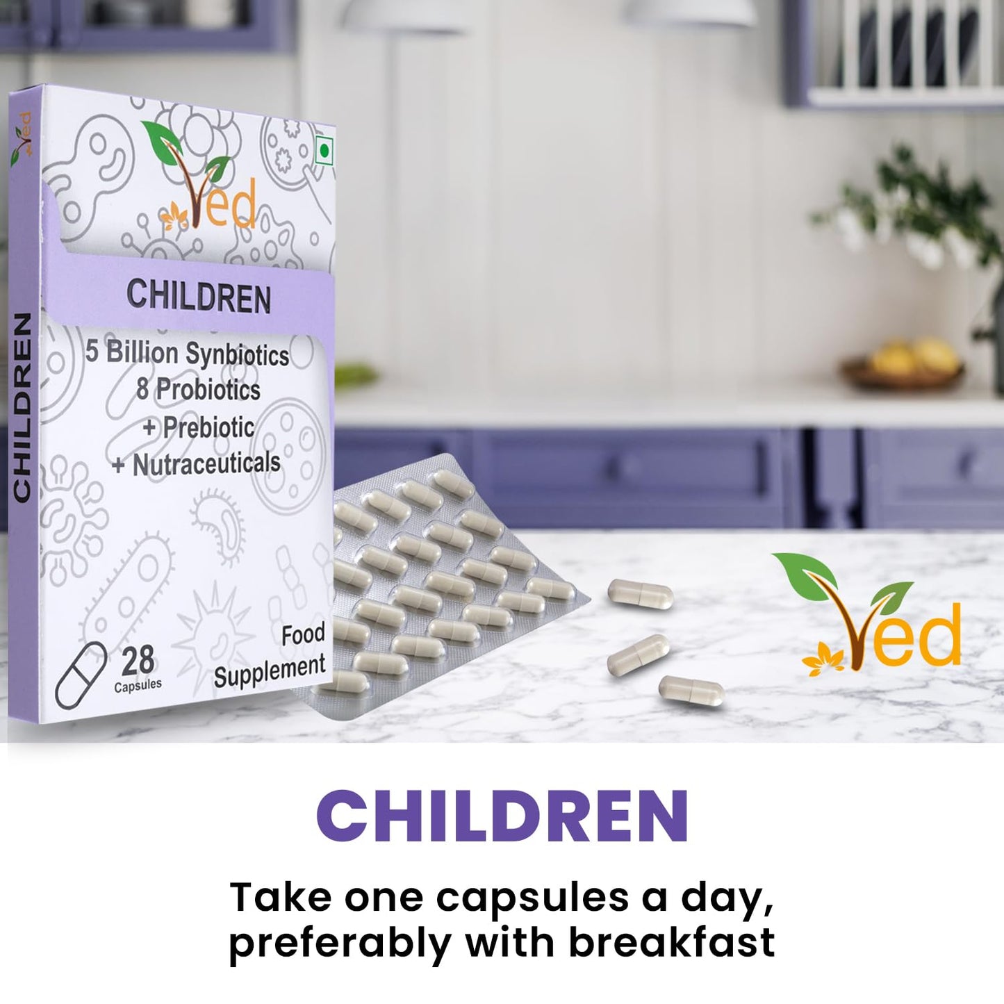 VED Children Complex Probiotics and Prebiotics Complex - 5 Billion CFU - 28 Probiotic Complex Capsules for Children - Lactobacillus helveticus, Rhamno. 28 Days Supply.