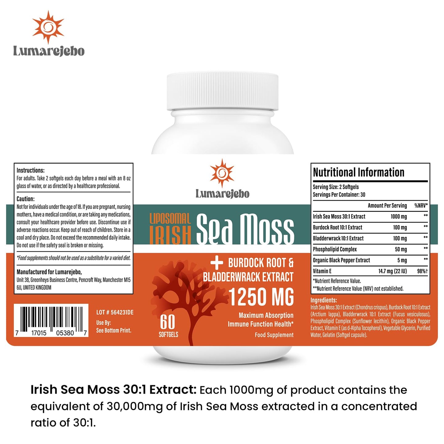 Lumarejebo Liposomal Irish Sea Moss Softgels | 30000mg of Wild Irish Seamoss Equivalent Per Serving | Burdock Root & Bladderwrack Complex Formula | Enhanc Immunity & Gut Health, 120 Softgels