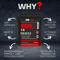 Iron Tablets High Strength 14mg - 180 Tablets - Vegan Iron Energy Tablets for Tiredness and Fatigue - High Absorption Iron Supplements for Women and Men - Made in The UK by PROELITE