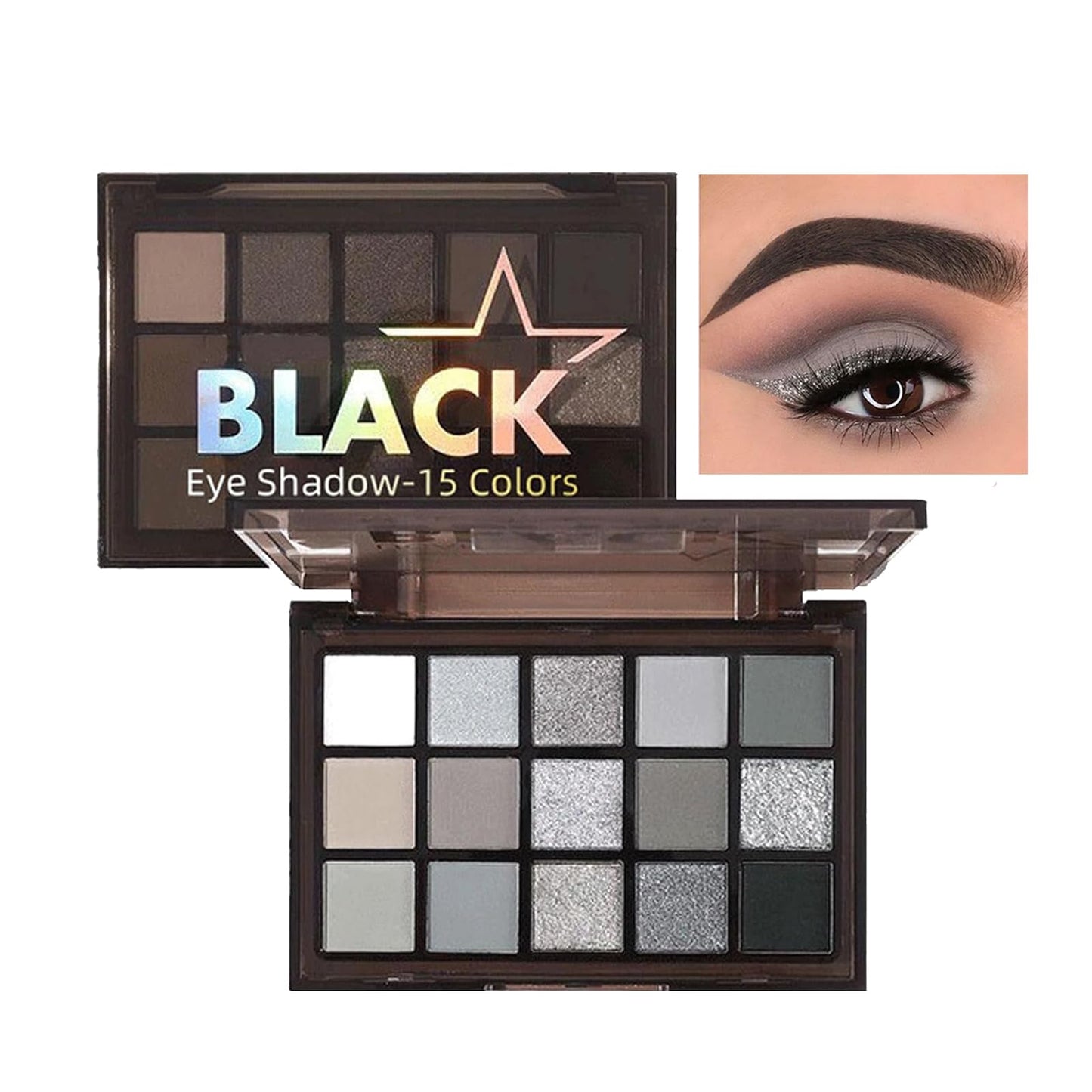 QUIWEN Black Eyeshadow Palette, Smokey Eye Shadow Pallets For Women, 15 Colour Matte Glitter Eyeshadow Palette, Black Silver Gray White Eyeshadow, Cold Tone Long Lasting Highly Pigmented Gothic Eye Makeup