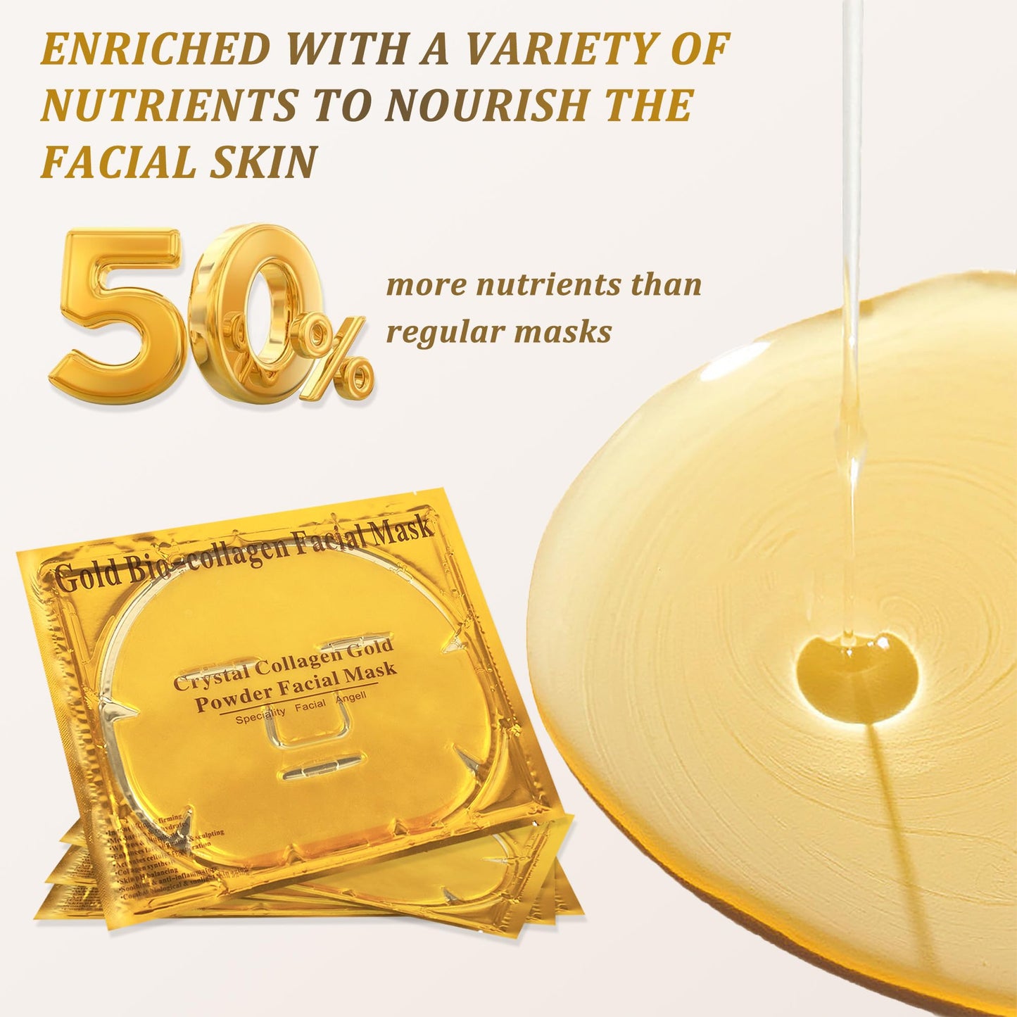 10 x 24K Gold Bio Collagen Face Mask Crystal Gold Powder Gel Facial Masks Anti Ageing Hydrating Moisturizing Brightening Skincare for All Skin Types