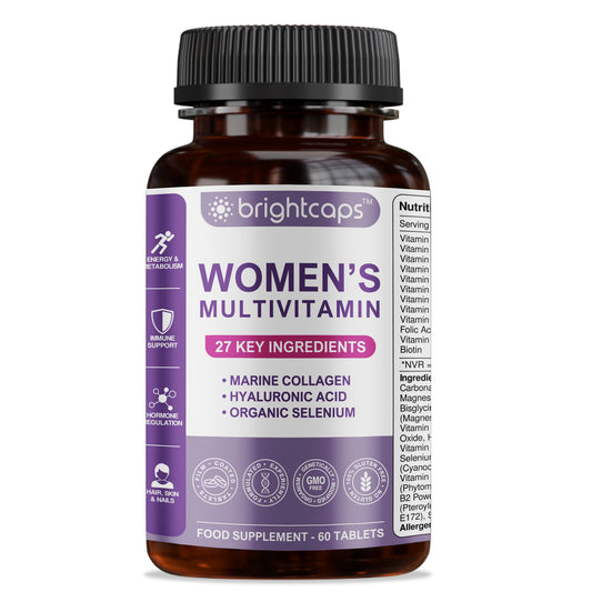 Brightcaps Women's Multivitamins and Minerals Enhanced with Collagen & Hyaluronic Acid - 27 Key Essential Ingredients | 60 Tablets | Gluten Free