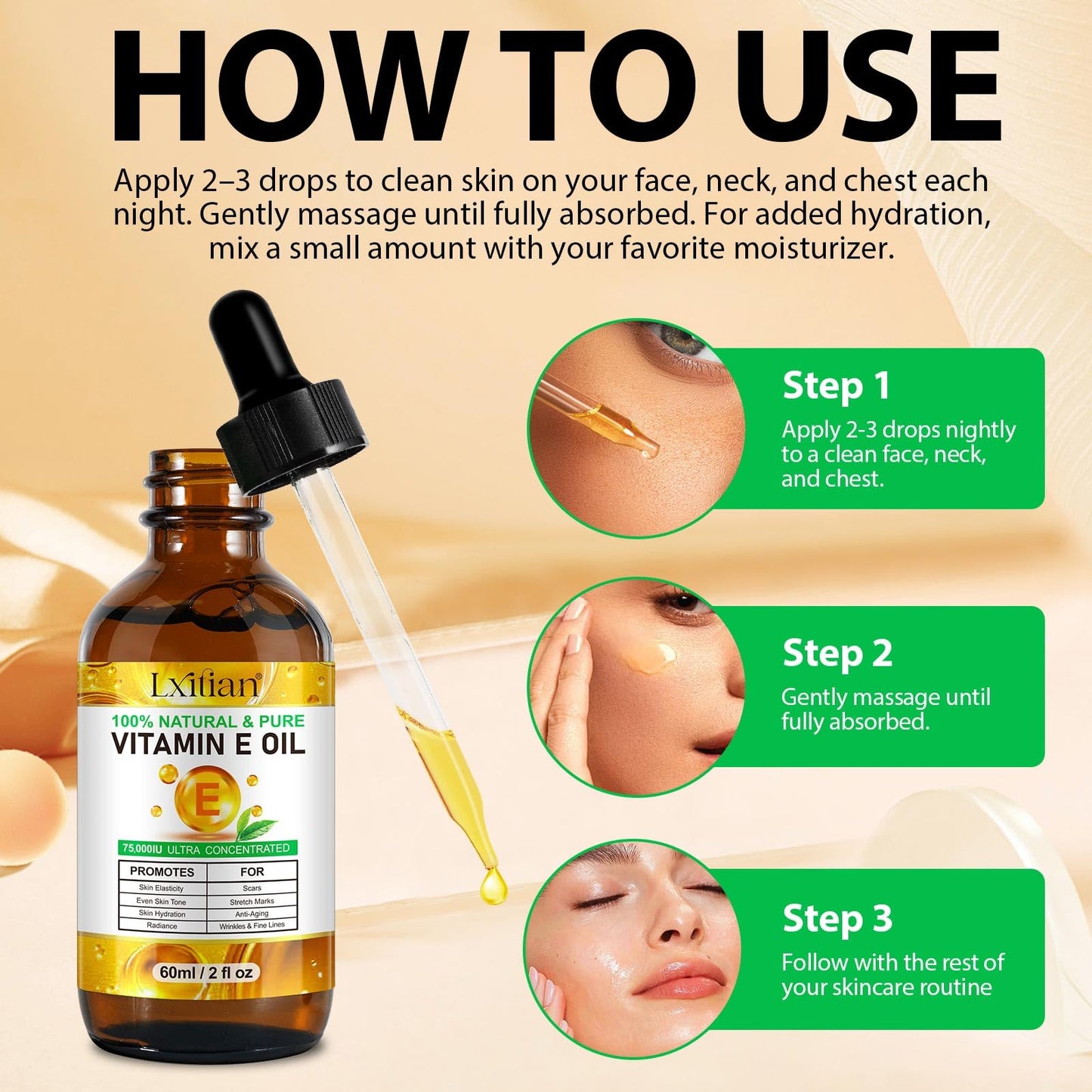 herlosfeel Pure Vitamin E Oil for Skin, 100% Natural Organic Vitamin E Oil for Face & Hair, Hair Skin and Nails Vitamins for Wrinkles, Dryness,Scars & Stretch Marks, Anti-Aging, Improve Elasticity & Even Tone