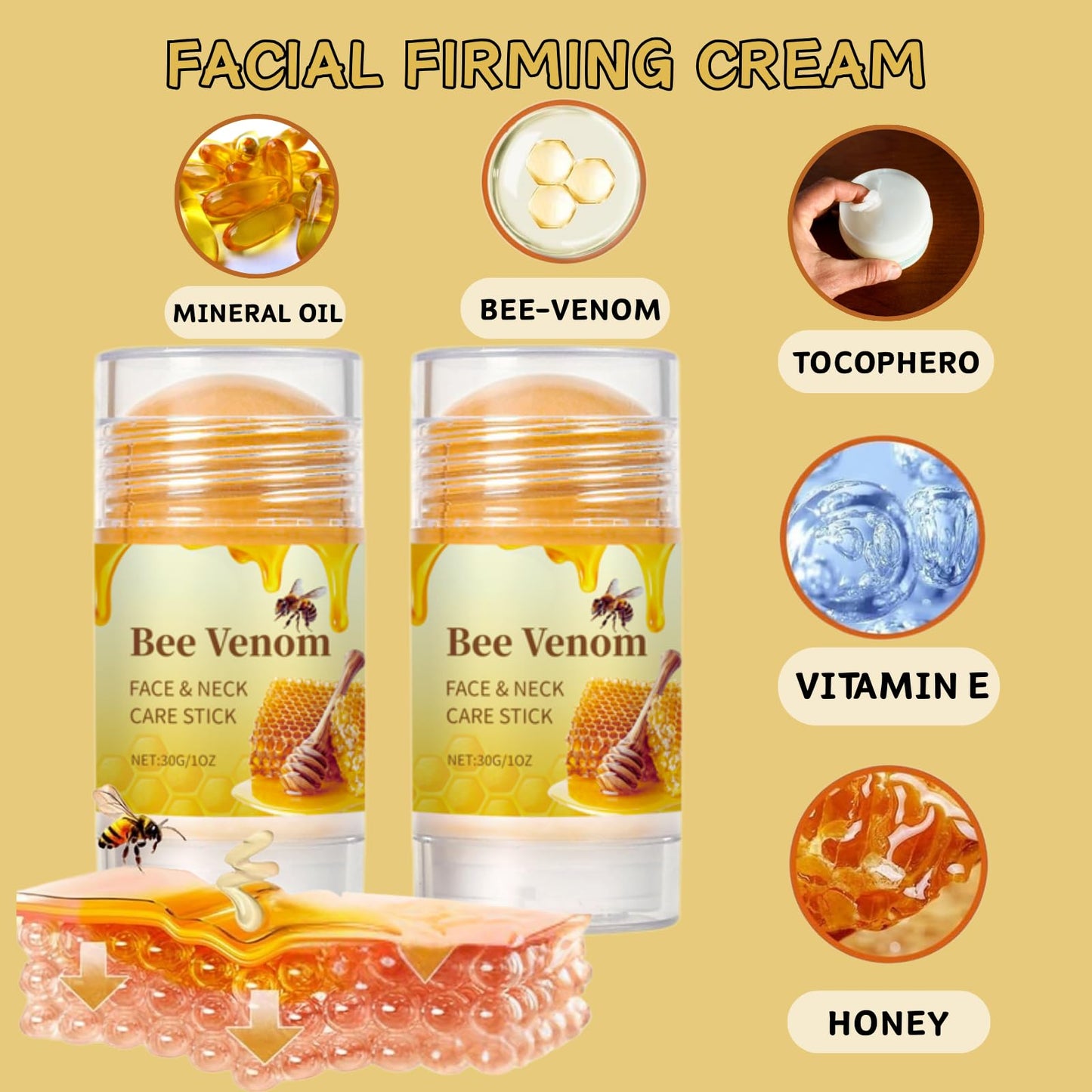 IZBEAUVO 2PCS Bee Venom Face & Neck Firming Stick - Skin Tightening Cream for Wrinkles & Double Chin Reducer, Anti-Aging Brightening Serum, Non-Greasy Portable Skincare Balm, Deep Moisturizing Collagen Boost