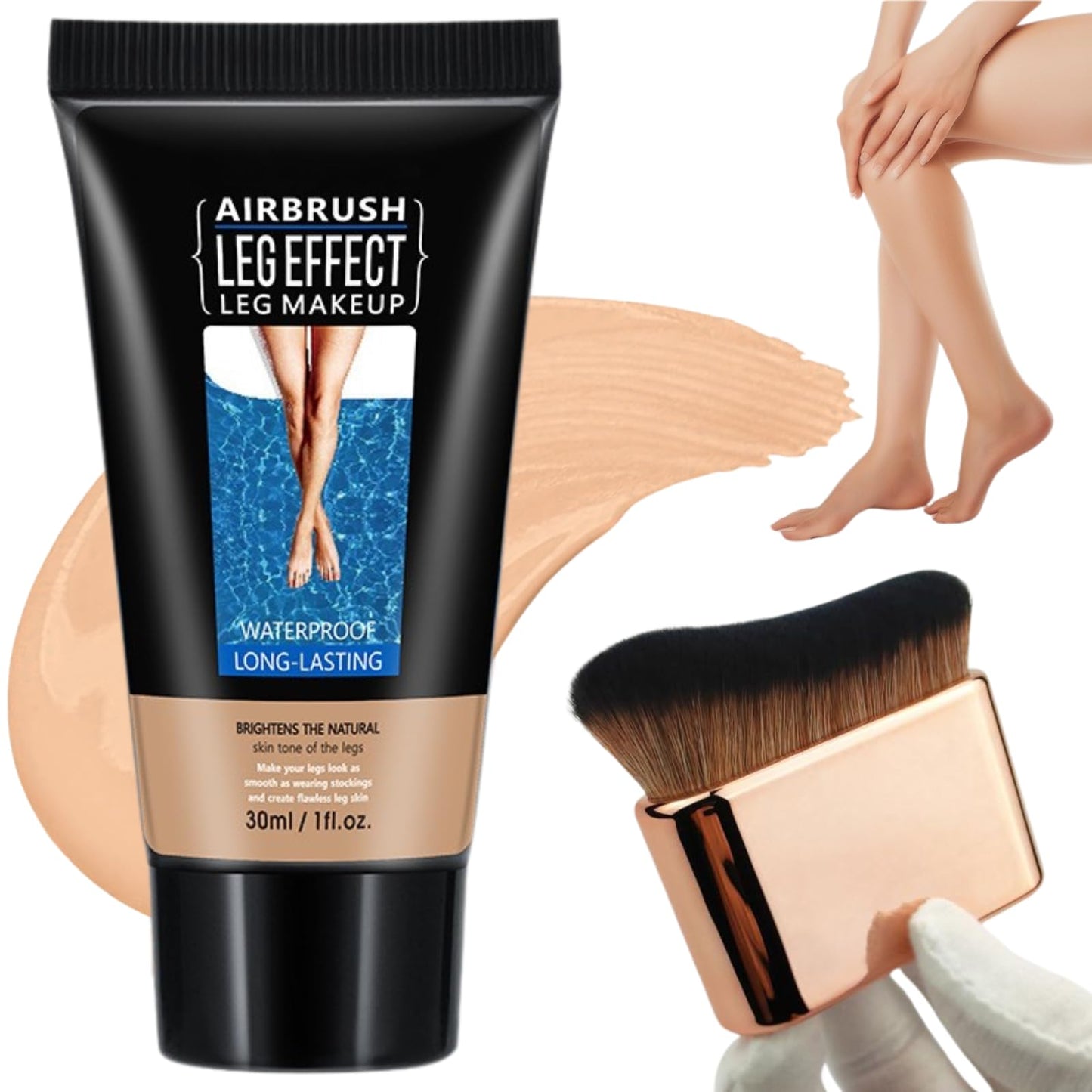Leg Makeup Full Coverage & Brush Bundle,Leg Makeup To Cover Veins Concealer For Mature Skin,Long Lasting Smooth Tone Body Make up,Washable Off Instant Tan Water resistant No Transfer(#02)