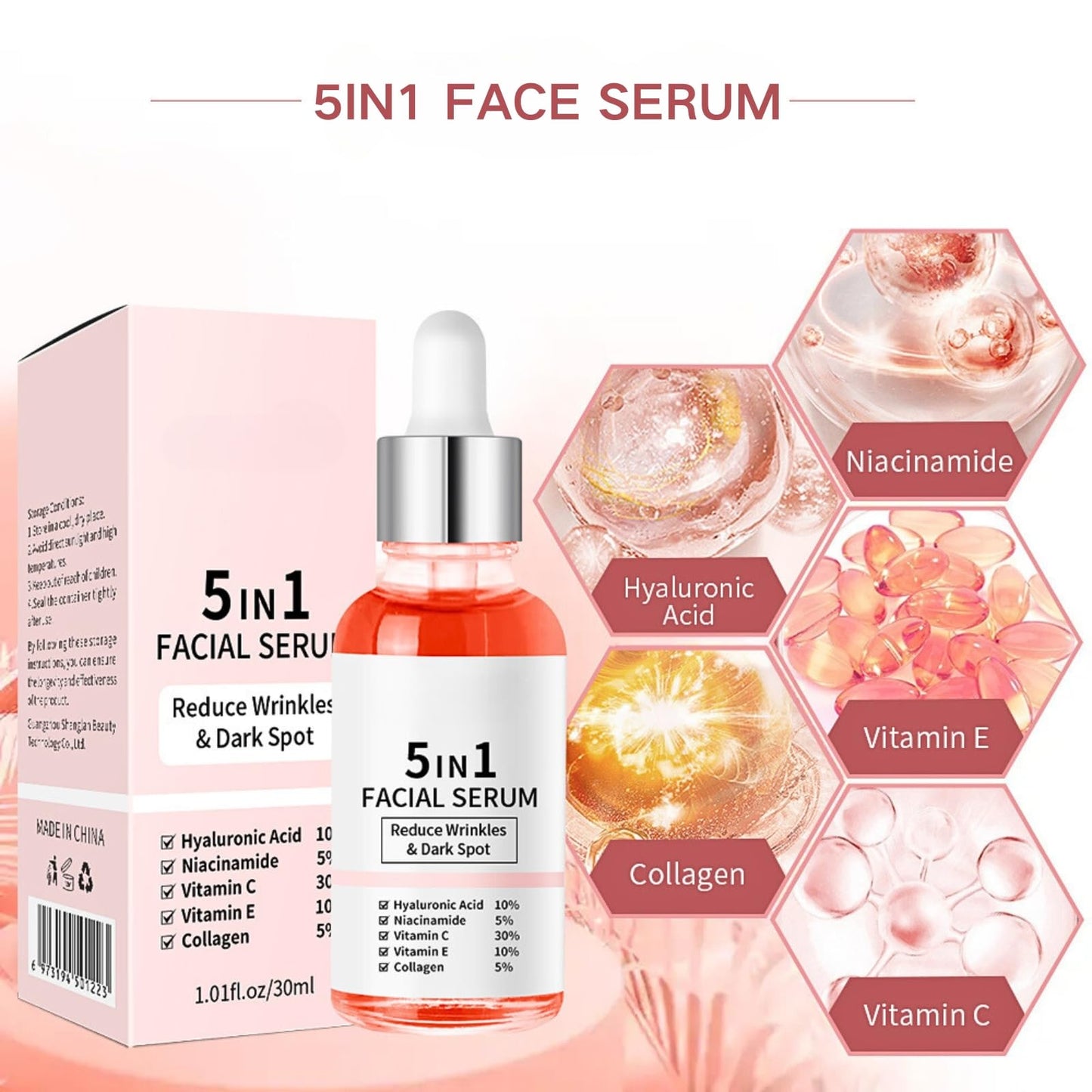 Trendyfave 5 In 1 Face Serum,Vitamin C Serum,Face Serum For Women,Hydrating Serum, Fade Fine Lines & Anti Wrinkle & Dark Spot Remove,Face Oil Anti-Ageing,With Niacinamide & Hyaluronic Acid,30ml