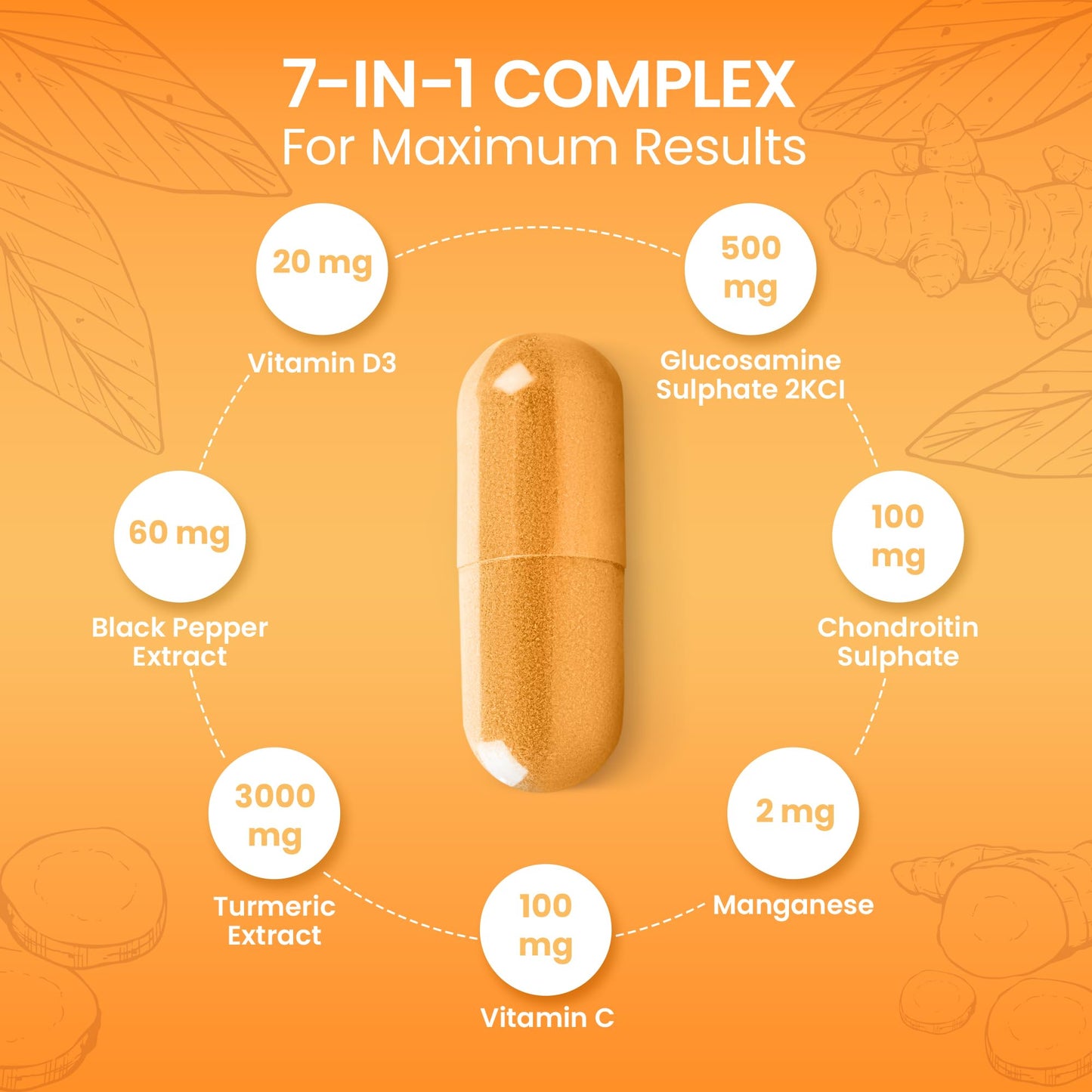 7-in-1 Turmeric and Black Pepper Capsules with Glucosamine and Chondroitin High Strength | Two per Day, 2 Month Supply | Turmeric Capsules High Strength 3000mg, Glucosamine Sulphate & Turmeric Tablets