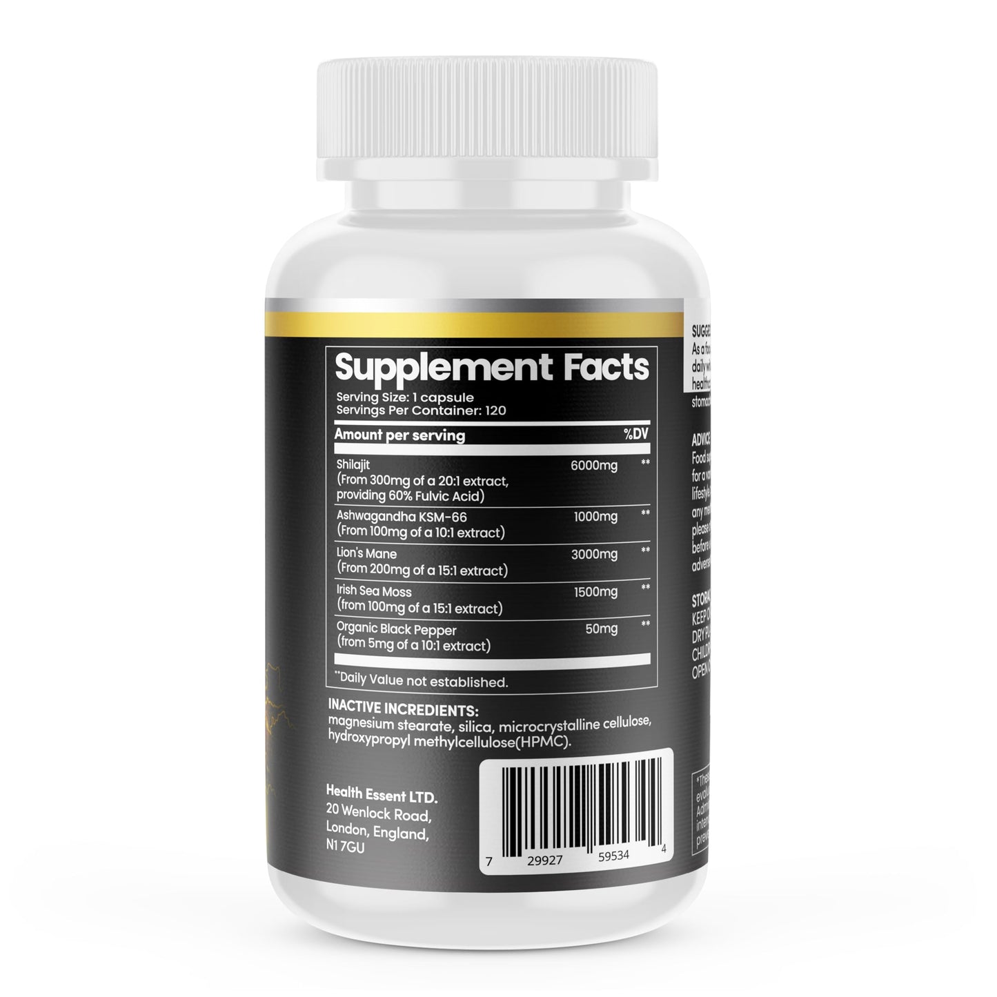 Sea Moss Shilajit Lion Mane 3 in One, with Added Ashwagandha KSM 66 and Black Pepper, 11500mg Superfood Blend for Vitality & Immunity, Energy and Brain Health - 120 Vegan Capsules by HealthEssent