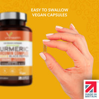 Turmeric Capsules High Strength 1860mg with Black Pepper, Ginger, Vitamin C & D for Immune System & Joints Plus K2 Mk7-120 Vegan Capsules Premium Turmeric Curcumin – Made in The UK by YrHealth