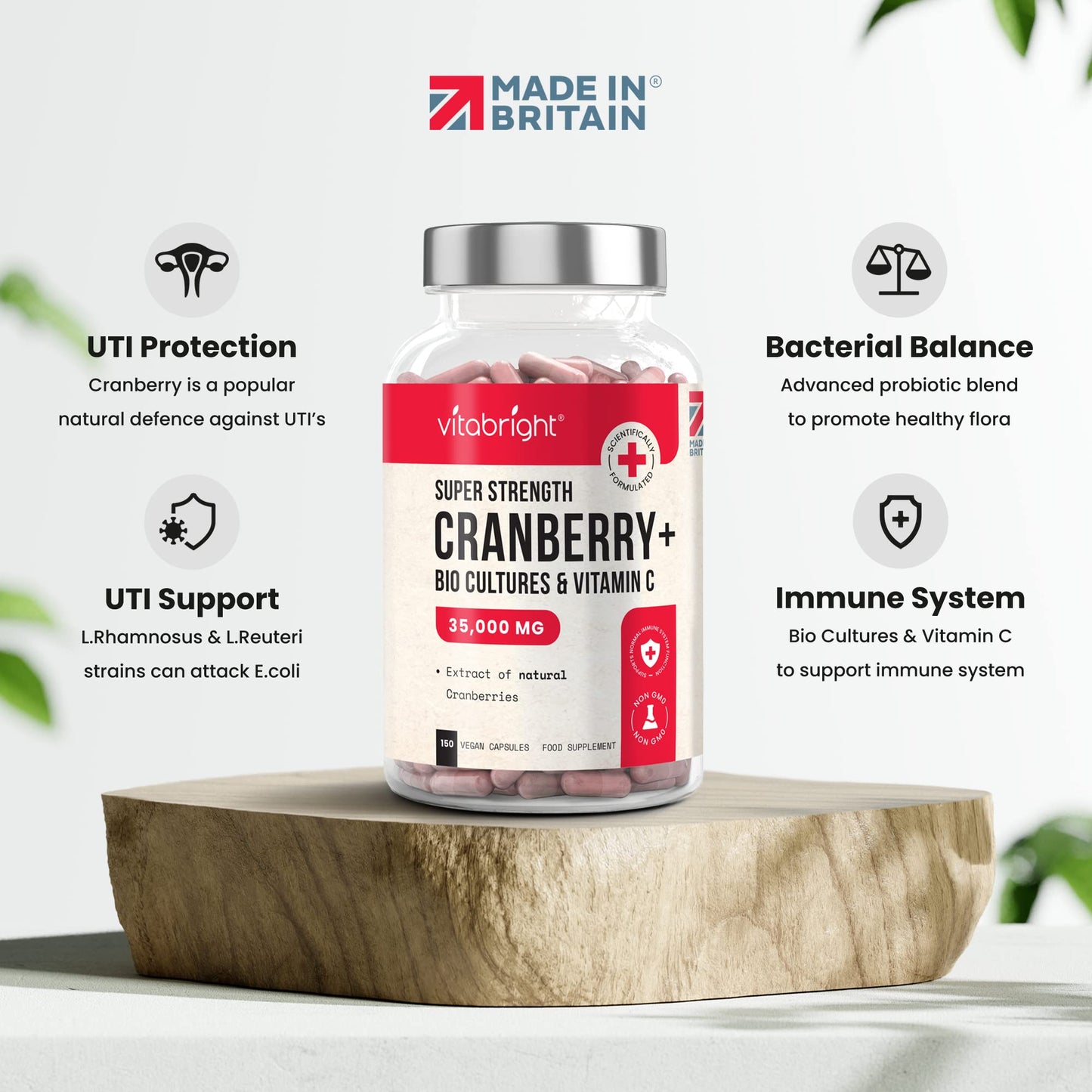 Cranberry Capsules 35,000mg High Strength - with Probiotics/Bio Cultures and Vitamin C - 150 Capsules - Advanced Cranberry Extract Supplement - Made in UK by VitaBright