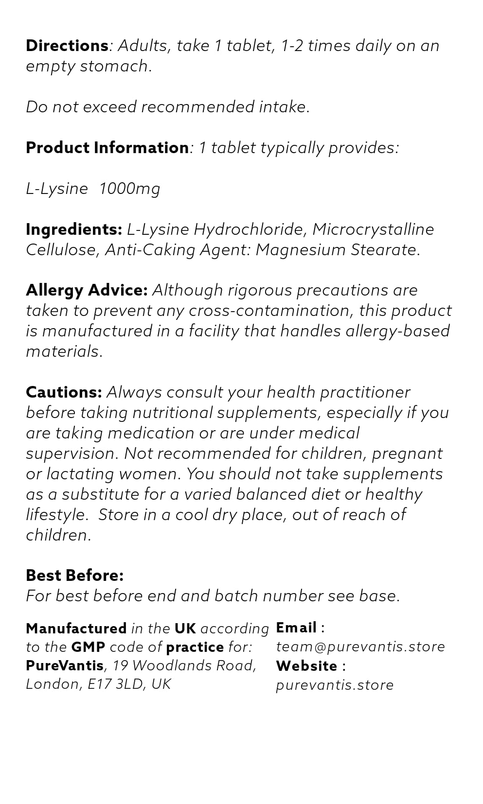PureVantis L-Lysine 1000mg – 90 Tablets | Essential Amino Acid for Immune & Collagen Support, UK Made