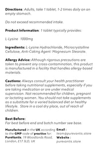 PureVantis L-Lysine 1000mg – 90 Tablets | Essential Amino Acid for Immune & Collagen Support, UK Made