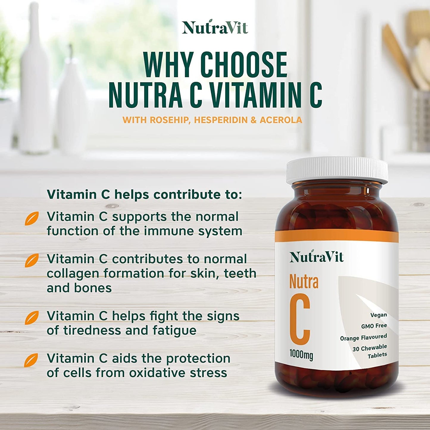 NUTRA C - Vitamin C 1000mg - 30 Chewable Tablets - High Strength Vegan Tablets - Gluten Free | Orange Flavoured - with Rosehip, Hesperidin & Acerola - Manufactured in a UK MHRA GMP Facility - NUTRAVIT