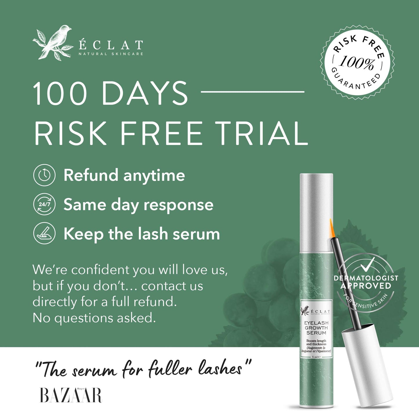 Eclat Eyelash Growth Serum - Eye Lash Growth Serum with Power Peptides and Natural Grape Extract Vitamin E Booster for Longer Lashes Faster in a Contact Lens Friendly Eyelash Growth Serum