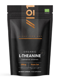 ALPHA01 Organic L-Theanine 200mg from Green Tea Extract - 60 Vegan Capsules (2 Months Supply) - Plant Based Theanine Amino Acid Supplement - Resealable and Recyclable Pouch - by Alpha01