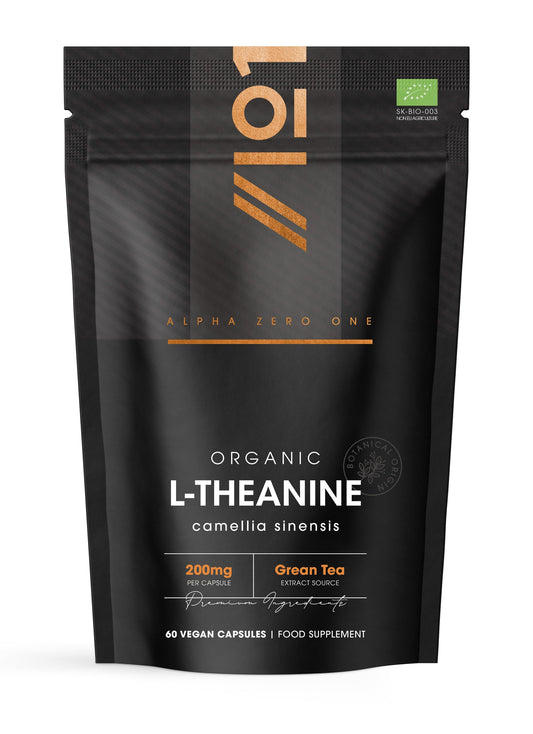 ALPHA01 Organic L-Theanine 200mg from Green Tea Extract - 60 Vegan Capsules (2 Months Supply) - Plant Based Theanine Amino Acid Supplement - Resealable and Recyclable Pouch - by Alpha01